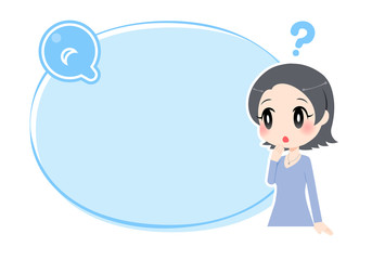 Qマークの付いた水色の枠と女性（？つき）