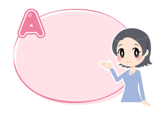 Aマークの付いたピンクの枠と小さく手を挙げる女性