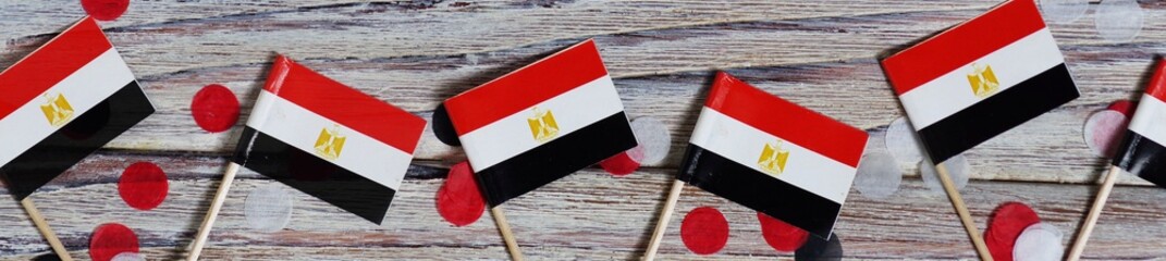 National day of Egypt on 23 July. revolution day. the concept of veterans Day or memorial Day . Egypt glory to the heroes of the war. mini flags and confetti on white wooden background. banner