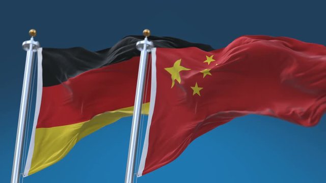 4k Seamless Germany and China Flags with blue sky background;A fully digital rendering;The animation loops at 20 seconds;GER DE CHN CN.