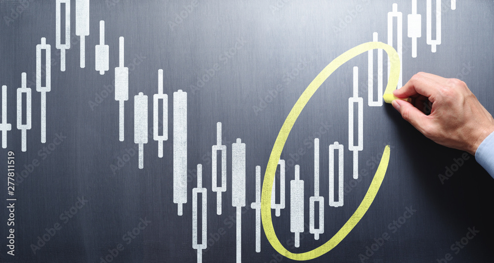 Aufkleber Teaching stock market technical knowledge. Trader drawing candlestick chart and circle on chalkboard.