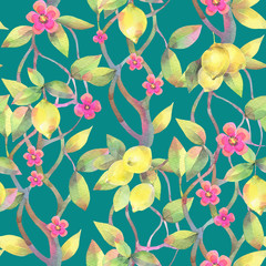 Hand painted watercolor illustration.  Botanical decorative seamless pattern with lemon tree branches. 