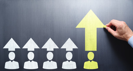 Business leadership skills and development concept. Drawing businesspeople and growth arrows on...