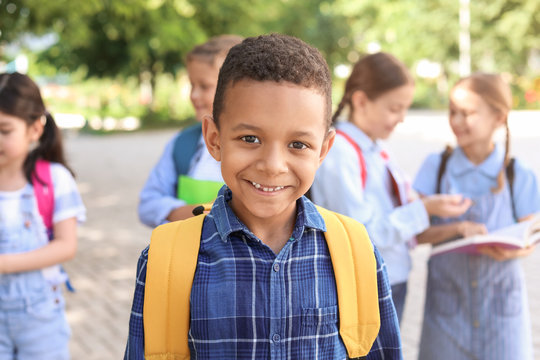 Cute little African-American schoolboy outdoors