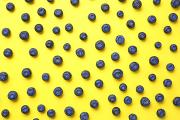 Many ripe blueberry on color background