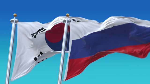 4k Seamless Republic of Korea and Russia Flags with blue sky background;A fully digital rendering;The animation loops at 20 seconds;KOR KR RUS RU.
