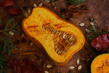 baked pumpkin sprinkled with sweet paprika and other spices. Autumn leaves, cinnamon sticks and acorns on dark autumn background © Елена Григорович