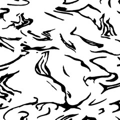 Abstract halftone pattern formed by black and white circles, lines, dots of different size.