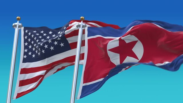 4k Seamless United States of America And North Korea Flags with blue sky background;A fully digital rendering;The flag 3D animation loops at 20 seconds;USA US PRK KP.