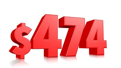 474$ four hundred seventy four price symbol. red text number 3d render with dollar sign on white background