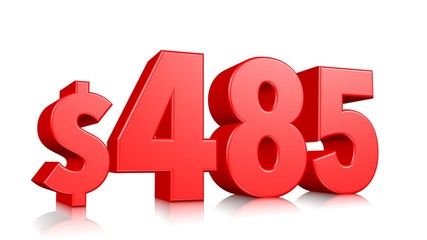 485$ Four hundred and eighty five price symbol. red text number 3d render with dollar sign on white background