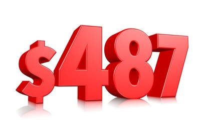 487$ Four hundred and eighty seven price symbol. red text number 3d render with dollar sign on white background
