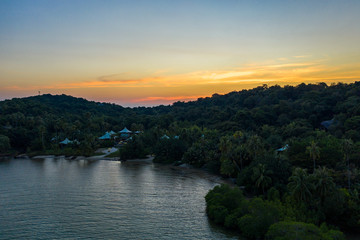 Drone shot the Luxury but Eco Community resort and hotel on the mountain in KohKood Island at the East of Thailand.