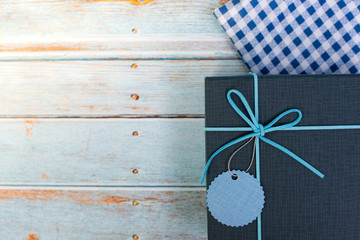 Top view of Gift box on wood table background