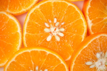 Slice orange fruit isolated on white background. Healthy food concept, Flat lay, top view - Image