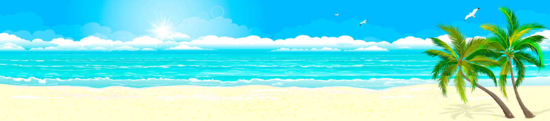 Tropics sand beach ocean. Panorama of a tropical sandy beach. Ocean coast. Landscape of the tropical coast. Sea shore landscape. Ocean, sky, sun and sand