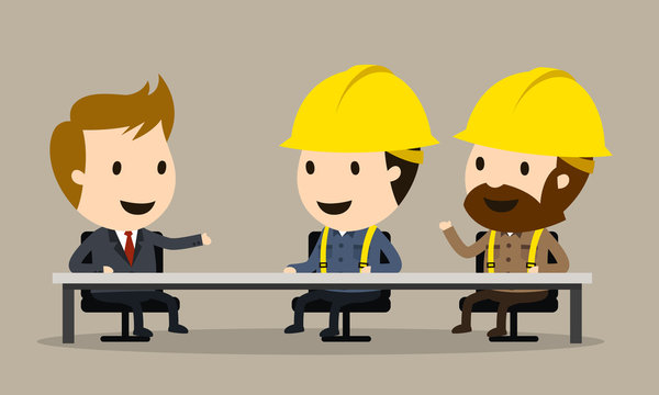 Engineers are meeting at the table, Vector illustration, Safety and accident, Industrial safety cartoon