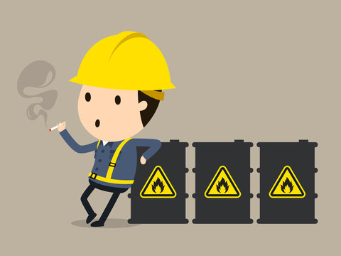 Smoking around dangerous substances, Vector illustration, Safety and accident, Industrial safety cartoon
