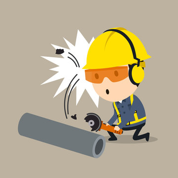 Splitting debris accident during grinder operation, Vector illustration, Safety and accident, Industrial safety cartoon