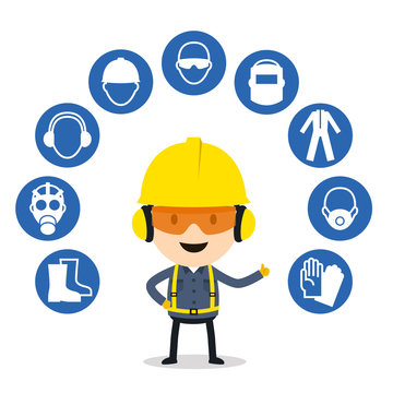 Personal protective equipment and safety icons, Vector illustration, Safety and accident, Industrial safety cartoon