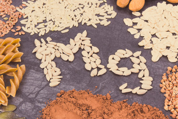 Inscription Mg and nutritious eating containing magnesium. Healthy nutrition as source vitamins, minerals and fiber