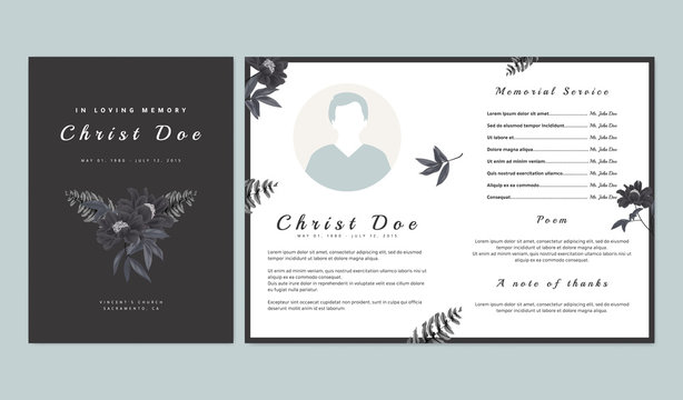 Botanical Memorial And Funeral Invitation Card Template Design, Black Paenia Lactiflora Flowers And Fern On Dark Gray Background