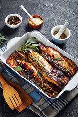 grilled fillets of mackerel fish, close up