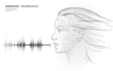 Virtual assistant voice recognition service technology. AI artificial intelligence robot support. Chatbot beautiful female face low poly vector illustration