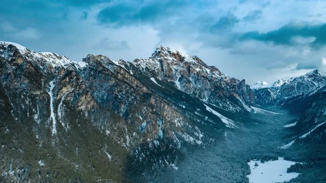 Flight over the mountain range in Fannes-Sennes Natural Park, South Tirol, Italy.