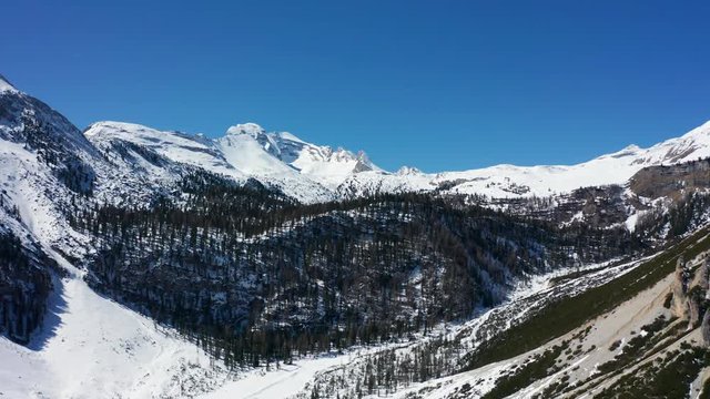 Bird's eye view to Fannes Natural Park in winter. Situated in South Tirol, Dolomites, Italy.