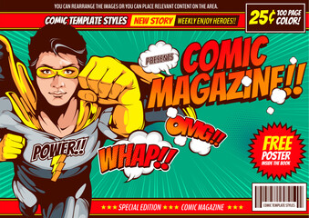 Superhero comic cover template background, flyer brochure speech bubbles, doodle art, Vector illustration, you can place relevant content on the area.