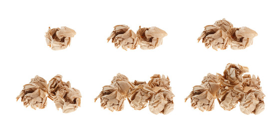 A set of images where a frame by frame increases a bunch of crumpled lumps of paper. Isolated on white background.