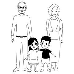 Family grandparents and grandchildren cartoons in black and white