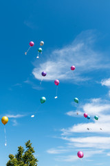 balloons with greeting cards in the sky