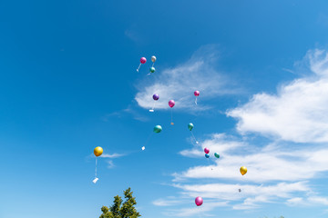 balloons with greeting cards in the sky