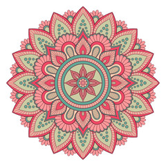 Decorative colorful ethnic mandala pattern. Design element for greeting card, banner or poster in oriental style. Hand drawn illustration