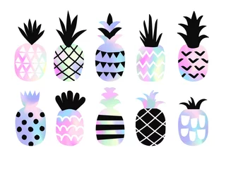 Fototapeten Set of cute pineapples with holographic texture. Creative stylish background, trendy gradient. Vector illustration © Xenia800