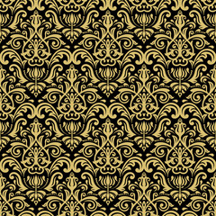 Classic seamless pattern. Damask orient ornament. Classic vintage black and golden background