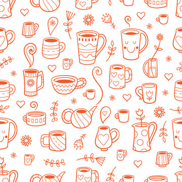 Seamless pattern with cute cartoon cups and plants on white background. A variety of dishes. Vector contour image. 
