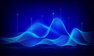 Abstract digital background with particles dots and wavy lines. 3d Big data visualization with fractal elements. Dynamic technology backdrop with light effect. Vector illustration