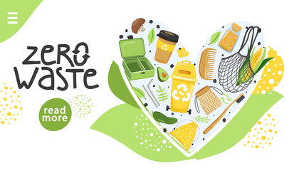 Zero waste concept. Set of various eco objects and lettering. Heart shape composition. Website landing page design template. Vector.