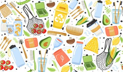 Seamless pattern with different eco objects. Shopping bag, container, cup, comb, toothbrush, cutlery, jar, soap etc. Texture for textile, wrapping paper, packaging etc. Vector on white background.