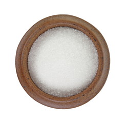 Heap of granulated sugar in a clay bowl  isolated on white background.