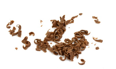 Grated chocolate. Heap of ground chocolate isolated on white background with clipping path, closeup.