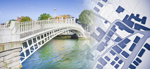 Looking for a house in Dublin - (Ireland) - concept image with the most famous bridge, called Half penny bridge, and an imaginary city map © Francesco Scatena