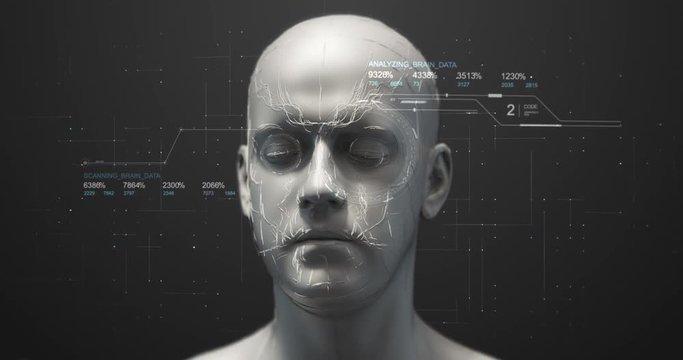 Advanced Bionic Robot Head Rotating Slowly With HUD Data - Technology Related 3D 4K Animation Concept