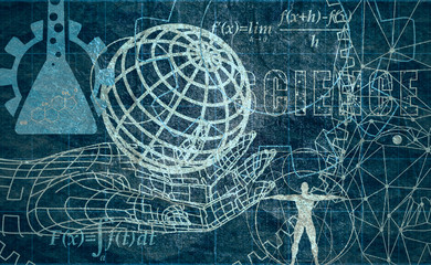 Abstract futuristic stripe line pattern with gear wheel and math formula on blue color background. Human and earth globe model. Math science engineered drawn project plot concept