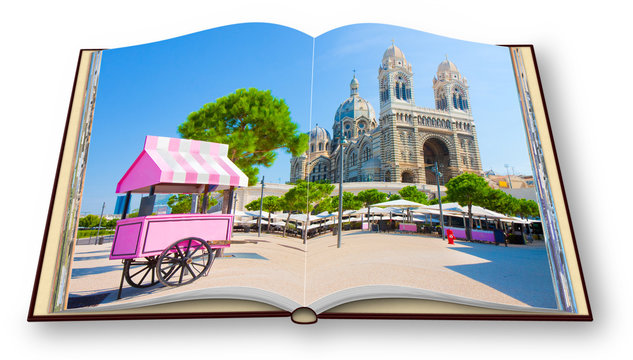 Cathedral Sainte-Marie-Majeure de Marseille (France) - 3D rendering - concept image with a pink ice cream cart - I'm the copyright owner of the images used in this 3D render
