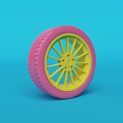 yellow and pink colored Car wheel isolated on a blue background. close up. 3d rendering