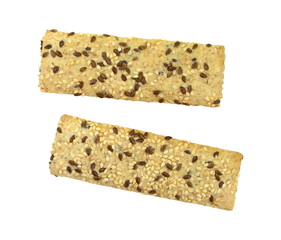 Breadsticks or grissini with sesame and linseed isolated on white background. Salt cracker isolated.